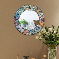 Boho Floral Pattern Round Mirror - Shatterproof Self-adhesive Mirror - Thickened Acrylic Mirror Decorative