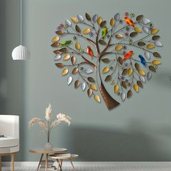 Metal Tree Of Life Wall Decor - Colorful Birds In Metal Tree Wall Art - Hand Painted Heart-Shaped Wall Art Sculptures,