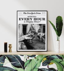 trendy newspaper happy hour poster black and white vintage retro photo fashion party wine bar preppy wall art decor canv