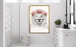 lion portrait canvas wall art, pink floral lion canvas wall art, beautiful lion canvas print art, lone lion canvas wall