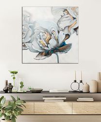 white and gold leaf white flower canvas print art, new generation canvas wall decor, home souvenir, gift canvas wall dec