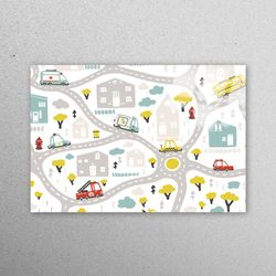Glass Wall Art, Glass Printing, Glass Wall Decor, Baby City Map With Roads And Transport, Car Glass Wall Art, Children G