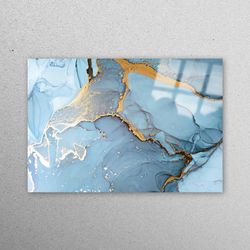 Glass Wall Decor, Glass, Wall Art, Blue And Gold Marble, Marble Tempered Glass, Alcohol Ink Wall Art, Shimmery Glass Pri