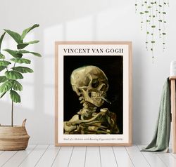 Skull Skeleton with Burning Cigarette Van Gogh Moody Dark Academia Canvas Print Poster Framed Famous Oil Painting Gothic