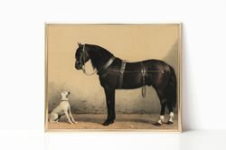 Horse and Dog Animal Vintage Lithograph Antique Retro Print Canvas Poster Framed Rustic Farmhouse Wall Art Country Eques