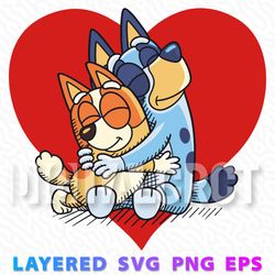Adorable Bluey and Bingo Heelers Hugging in a Heart, Perfect for Valentine's Day Graphics