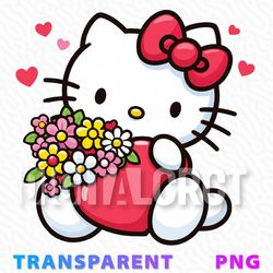 Cute Hello Kitty with flowers and heart, transparent PNG