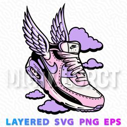 winged nike air sneaker graphic with purple clouds - layered svg, png, eps designs