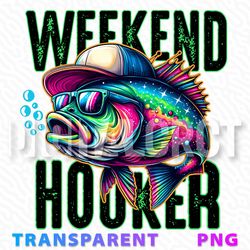 weekend hooker fishing graphic with cool fish in cap and sunglasses - transparent png