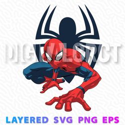 Spider-Man Crouching with Spider Logo - Layered SVG, PNG, EPS Digital Art