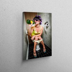 3D Wall Art, Wall Decor, Wall Art Canvas, Girl Drinking In Toilet, Vouge Canvas Art, Vogue Wall Art, Fashion Toilet Canv