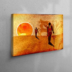 canvas, wall decor, canvas art, two african in desert, sunset art canvas, african landscape canvas canvas, desert landsc