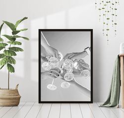 cheers champagne glasses luxury retro black & white vintage alcohol bar print wall canvas canvas framed printed wall art
