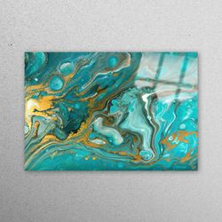 Mural Art, Glass Wall Decor, Wall Decoration, Blue And Gold Marble, Blue Glass Decor, Shimmery Glass Wall, Luxury Marble