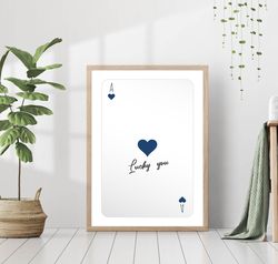 Blue Ace Playing Card Quote Print Retro Heart Canvas Fashion Party Canvas Framed Printed Preppy Lucky Poker Trendy Funky