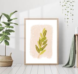Boho Olive Branch Leaves Print Abstract Green Soft Neutral Decor Minimalistic Pastel Wall Art Canvas Framed Printed Retr