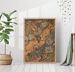 Botanical Rug Pattern Painting Vintage Textile Tapestry Carpet Canvas Print Canvas Framed Boho Eclectic Farmhouse Wall A
