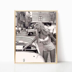 Brigitte Bardot Classic Car Paris Canvas Black and White Retro Vintage Iconic Fashion Photography Canvas Framed Printed