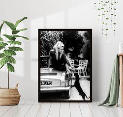 Brigitte Bardot with Dog Old Car Canvas Black & White Retro Vintage Classic Iconic Fashion Photography Canvas Framed Pri