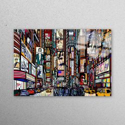 wall art, glass art, tempered glass, illustration of a street in new york, landscape glass decor, new york glass wall, v