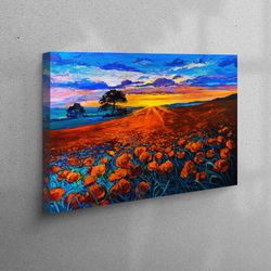 wall art, wall art canvas, 3d canvas, opium poppy landscape printed, sunset landscape contemporary canvas, landscape art