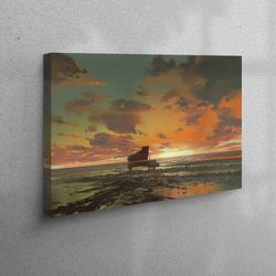 wall decor, canvas, large wall art, piano on the beach, piano printed, sea landscape printed, beach canvas print, sunset