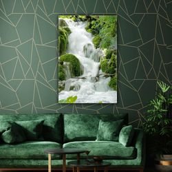 Waterfall Forest Nature Green Landscape Roll Up Canvas, Stretched Canvas Art, Framed Wall Art Painting