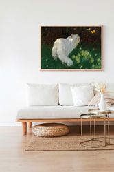 White Cat with Butterflies Animal Painting Canvas Print Canvas Framed Farmhouse Whimsical Rustic Wall Art Room Decor Vin