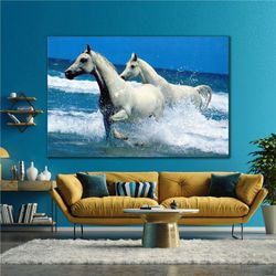 white horses running in the sea animal landscape decorative roll up canvas, stretched canvas art, framed wall art painti