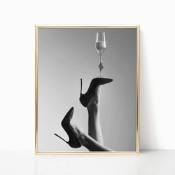 wine glass on high heels black and white vintage retro photo fashion bedroom happy hour bar wall art decor canvas canvas