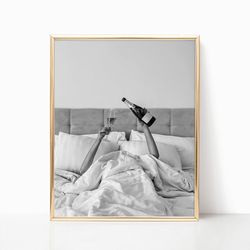 woman drinking champagne in bed black and white vintage retro photo fashion bedroom wine bar wall art decor canvas canva