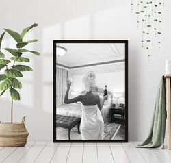 woman drinking champagne in bedroom black and white vintage retro photo fashion hotel wine bar wall art decor canvas can