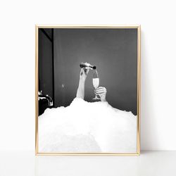 woman drinking champagne in bubble bath black & white vintage retro photo fashion bedroom luxury wall art decor canvas c