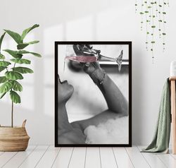 woman drinking pink champagne in bubble bath black & white vintage retro photo fashion bedroom wall art decor canvas can