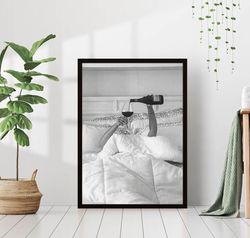 woman drinking wine in bed black and white vintage retro photo fashion bedroom happy hour bar wall art decor canvas canv
