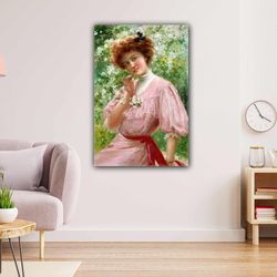 Woman in the Garden with Oil Painting Effects Forest Modern Art Red Belted Roll Up Canvas, Stretched Canvas Art, Framed