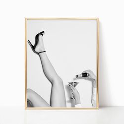 woman pouring wine high heels black & white vintage retro photo fashion bedroom happy hour bar wall art decor canvas can
