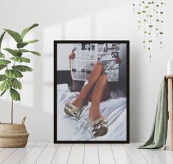 woman reading newspaper in bed vintage retro photo fashion bedroom kitchen art coffee shop decor photography canvas canv