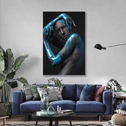 woman wall art, blue wall decor, modern canvas art, roll up canvas, stretched canvas art, framed wall art painting