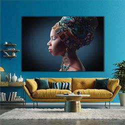 Woman with Red Lipstick and Scarf Ethnic Dress Model Woman African Roll Up Canvas, Stretched Canvas Art, Framed Wall Art