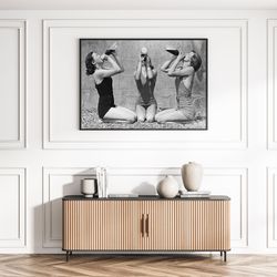 young ladies drinking from bottle retro swimsuits black & white vintage beer wine bar wall canvas canvas framed printed