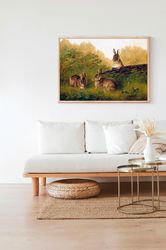 Rabbits Easter Bunny Animal Oil Painting Canvas Print Canvas Framed Farmhouse Whimsical Country Rustic Wall Art Room Ant