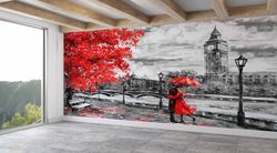 red tree wall art, landscape mural, modern wall canvas, red umbrella wall print, abstract wallpaper, couple wall canvas,