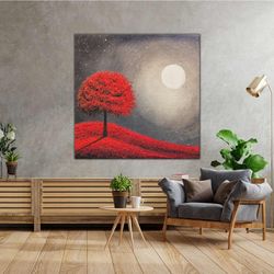 Red Tree Landscape Under Moonlight With Oil Painting Effect Roll Up Canvas, Stretched Canvas Art, Framed Wall Art Painti
