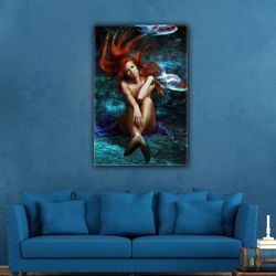Redhead Fish Woman Nude Sea Roll Up Canvas, Stretched Canvas Art, Framed Wall Art Painting