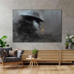 Silhouette of Woman in a Smoking Hat Roll Up Canvas, Stretched Canvas Art, Framed Wall Art Painting