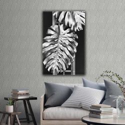 Silver Color Modern Tropical Leaf Decorative Roll Up Canvas, Stretched Canvas Art, Framed Wall Art Painting
