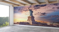 statue of liberty, sculpture wall mural, liberty island wall decor, sunset wall paper, landscape wallpaper, view wall ar