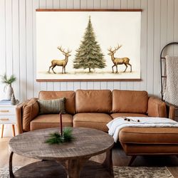 Large Vintage Christmas Tree Reindeer Tapestry  Large Christmas Wall Art  Christmas Canvas Hanging  Vintage Christmas Ta