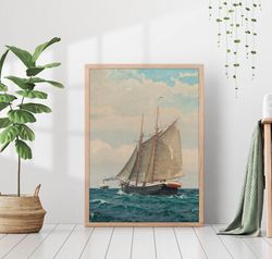 Vintage Sailboat Seascape Coastal Nautical Printed Painting Wall Art Antique Neutral Decor Canvas Framed Ocean Waves Wat